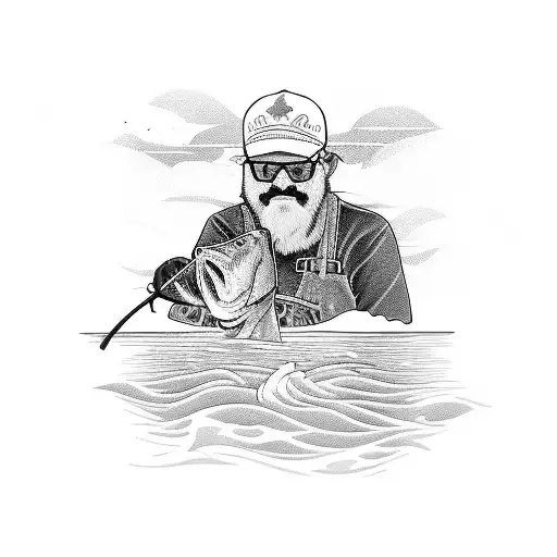 A fisherman casting a line from a boat with a loyal dog by his side tattoo design idea