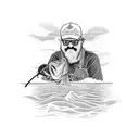 A fisherman casting a line from a boat with a loyal dog by his side tattoo design idea