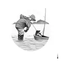 A fisherman casting a line from a boat with a loyal dog by his side tattoo design idea