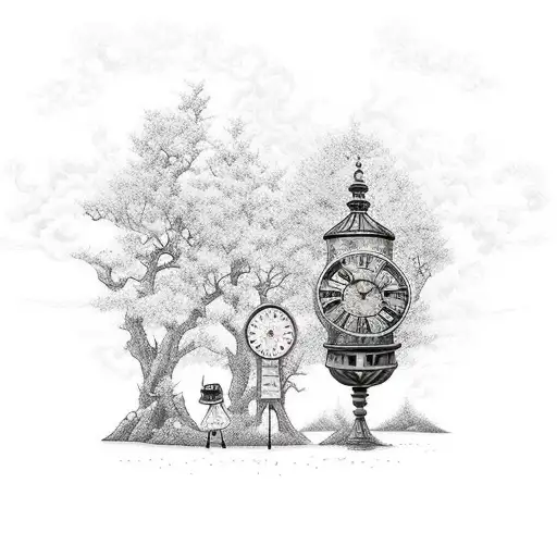 3 stickman friends, with 2 silluette wolwes, behind a big clock antique marks 15:00 and a trees arround the clock. tatto tattoo design idea