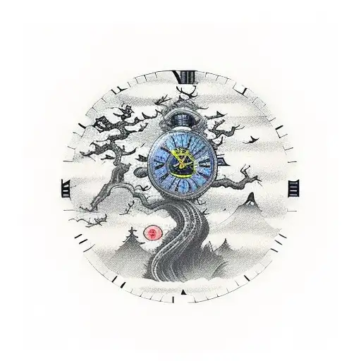 2 silluette wolwes, behind their a big clock antique marks 15:00 and a trees arround the clock. tatto tattoo design idea