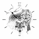 clock, twelve, cabin, wolfs, young girl, pack tattoo design idea