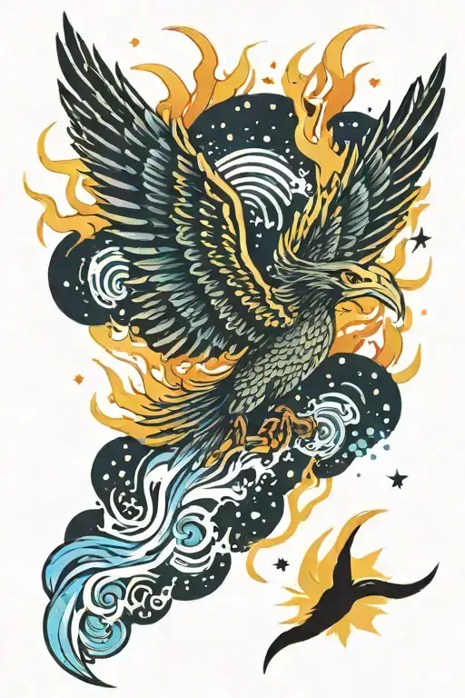 water phoenix on fire with ashes falling from the sky filled with stars with water coming off the wings.  tattoo design idea