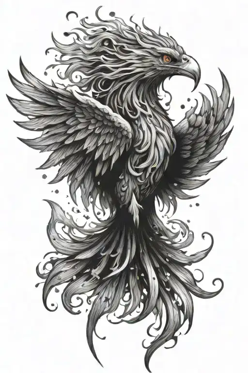 water phoenix on fire with ashes falling from the sky filled with stars with water coming off the wings.  tattoo design idea