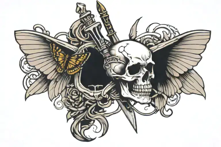 skull butterfly wings with broken sword intertwined snake wrapping around sword tattoo design idea