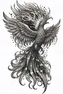 water phoenix on fire with ashes falling from the sky filled with stars with water coming off the wings.  tattoo design idea