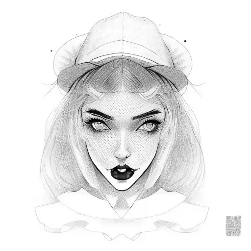 a girl in red hat is in a red lace dress and has red lips, in the style of noir comic art, dark cyan and white, dc comic tattoo design idea