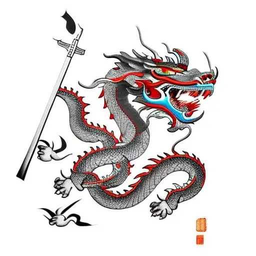 Chinese mountain ranges featuring a samurai and dragon flying overhead  tattoo design idea