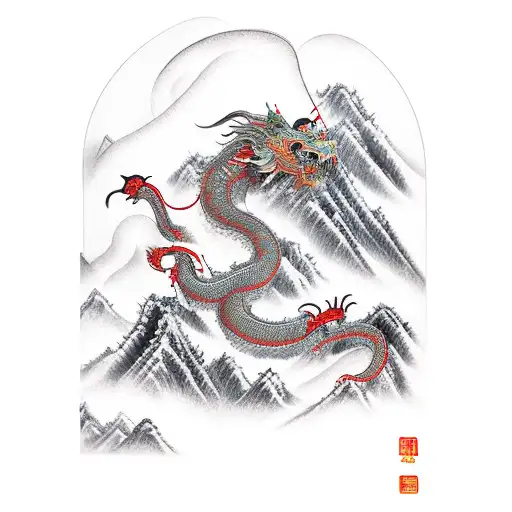 Chinese mountain ranges featuring a samurai and dragon flying overhead  tattoo design idea