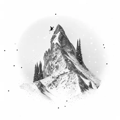 A ski mountaineer conquering a snowy peak with a chamois gracefully leaping beside them tattoo design idea