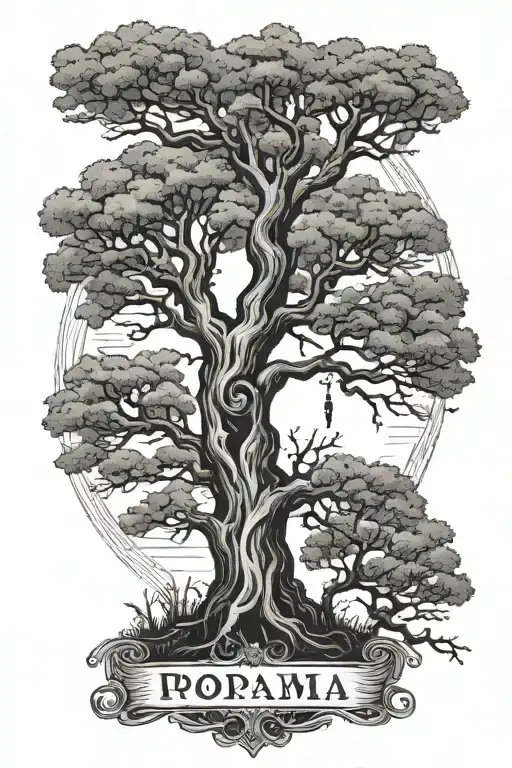 tree where the hanged man on top the text "прошу пана" and below the text “до смереки" tattoo design idea