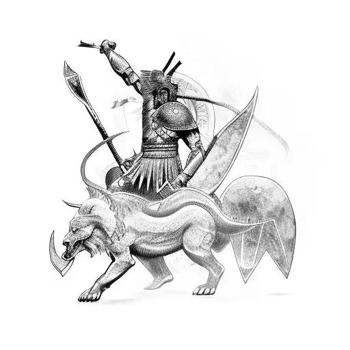 A fierce Greek warrior battling a mythical creature tattoo design idea