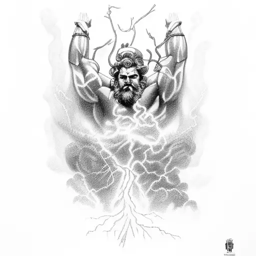 A dramatic scene of Zeus casting thunderbolts in a war against Titans tattoo design idea