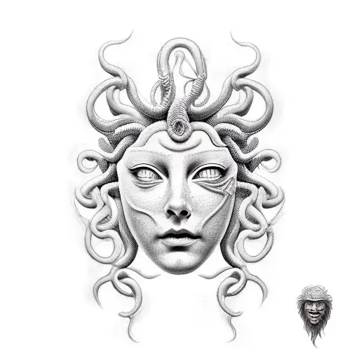 medusa taking mask off crying tattoo design idea