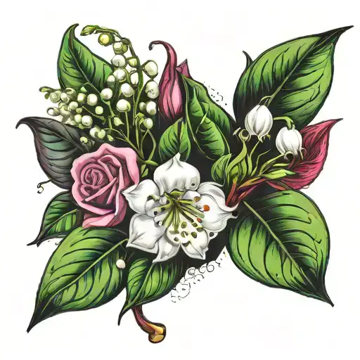 lily of the valley, hawthorn,  honeysuckle and rose tattoo design idea