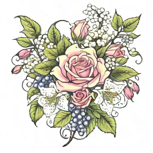 rose, lily of the valley, hawthorn,  honeysuckle tattoo design idea