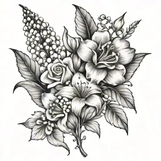lily of the valley, rose, hawthorn, honeysuckle gladiolus and poppy flowers tattoo design idea
