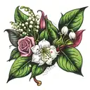 lily of the valley, hawthorn,  honeysuckle and rose tattoo design idea