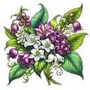 lily of the valley, hawthorn,  honeysuckle and rose tattoo design idea