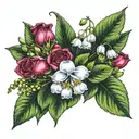 lily of the valley, hawthorn,  honeysuckle and rose tattoo design idea