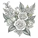 rose, lily of the valley, hawthorn,  honeysuckle tattoo design idea