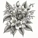 lily of the valley, rose, hawthorn, honeysuckle gladiolus and poppy flowers tattoo design idea