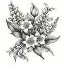 lily of the valley, rose, hawthorn, honeysuckle gladiolus and poppy flowers tattoo design idea