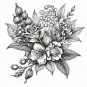 lily of the valley, rose, hawthorn, honeysuckle gladiolus and poppy flowers tattoo design idea