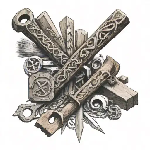 A carpenter's tools intertwined with Norse runes tattoo design idea