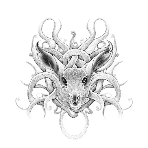 A unique dotwork tattoo capturing the essence of a nude sea goat goddess, intertwined with your wife, representing the union of your sexual desires and emotional connection. tattoo design idea