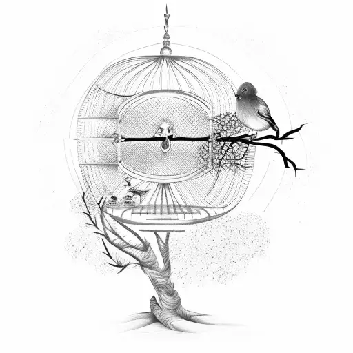 tree branch with bird cage and a hand covering the birdcage tattoo design idea