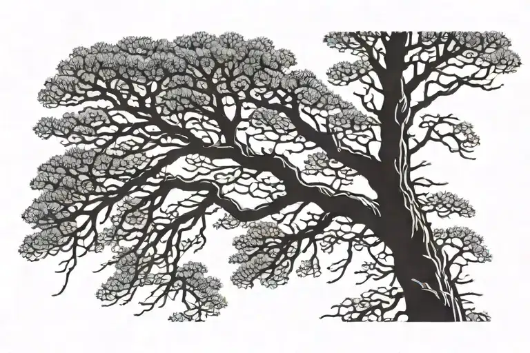 blackned pine trees with tree climber scaling its heights tattoo design idea