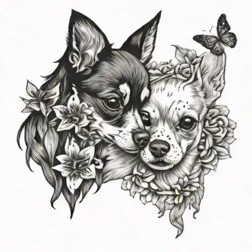 deer head chihuahua dog with a toy spaniel dog playing with red lily flowers with butterflies tattoo design idea