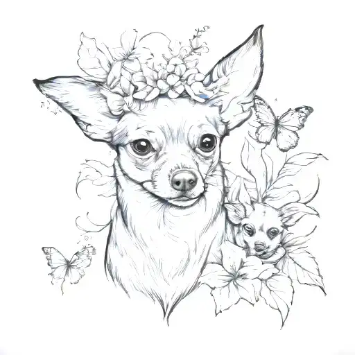 deer head chihuahua dog with a papillon dog playing with red lily flowers with butterflies tattoo design idea
