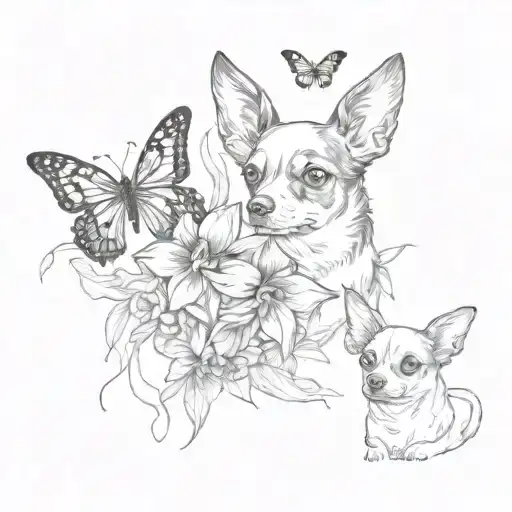deer head chihuahua dog and a black and white papillon dog with red lily flowers and butterflies tattoo design idea