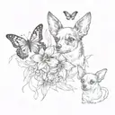 deer head chihuahua dog and a black and white papillon dog with red lily flowers and butterflies tattoo design idea