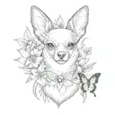 deer head chihuahua dog and a black and white papillon dog with red lily flowers and butterflies tattoo design idea