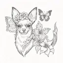 deer head chihuahua dog and a black and white papillon dog with red lily flowers and butterflies tattoo design idea