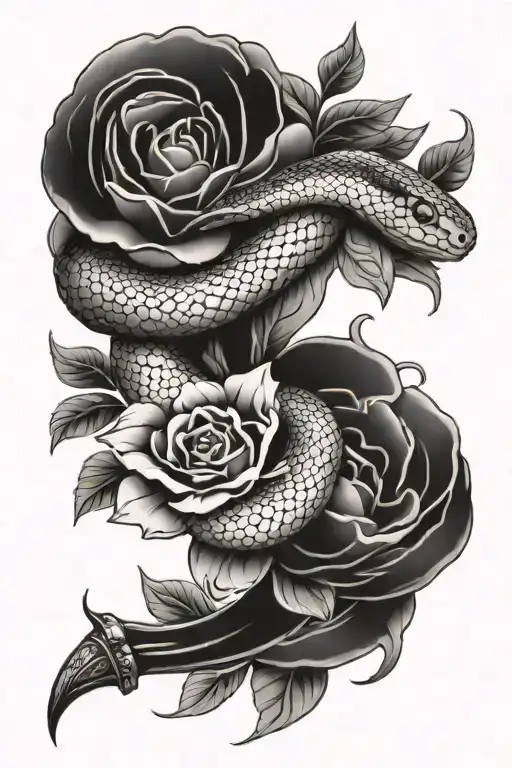 Valeria Garza's snake and dagger tattoo with a complimenting floral design around it meant for upper arm tattoo design idea