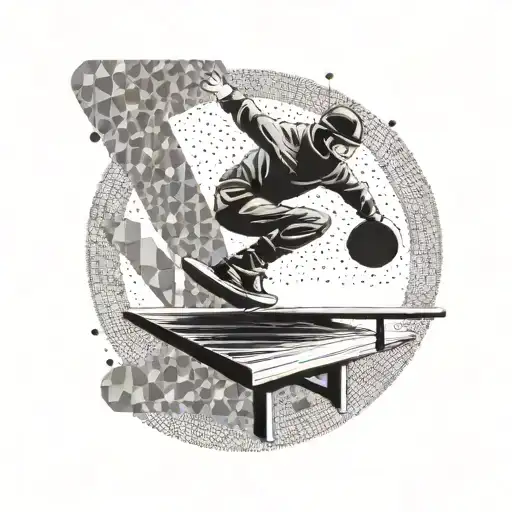 A minimalist geometric design of a snowboarder jumping over a table tennis table set against a backdrop of a tranquil  tattoo design idea