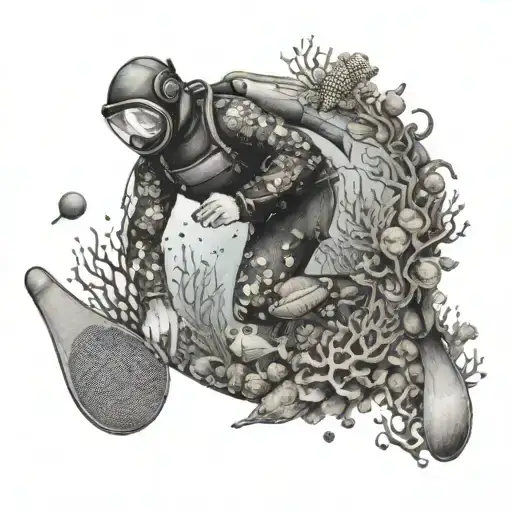 A dotwork tattoo of a diver exploring an underwater world filled with colorful sea creatures and coral reefs, with a subtle table tennis paddle hidden in the background tattoo design idea