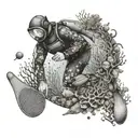 A dotwork tattoo of a diver exploring an underwater world filled with colorful sea creatures and coral reefs, with a subtle table tennis paddle hidden in the background tattoo design idea