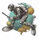 A dotwork tattoo of a diver exploring an underwater world filled with colorful sea creatures and coral reefs, with a subtle table tennis paddle hidden in the background tattoo design idea