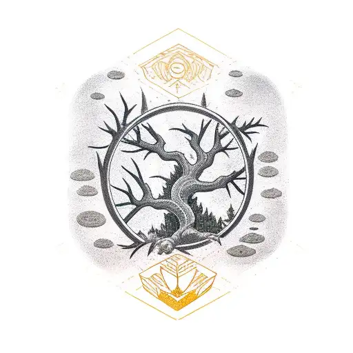 motorcycle wheel, oak Tree, Bluebird, Bear, mountain, elk track tattoo design idea