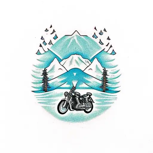 motorcycle wheel, oak Tree, Bluebird, Bear, mountain, elk track tattoo design idea