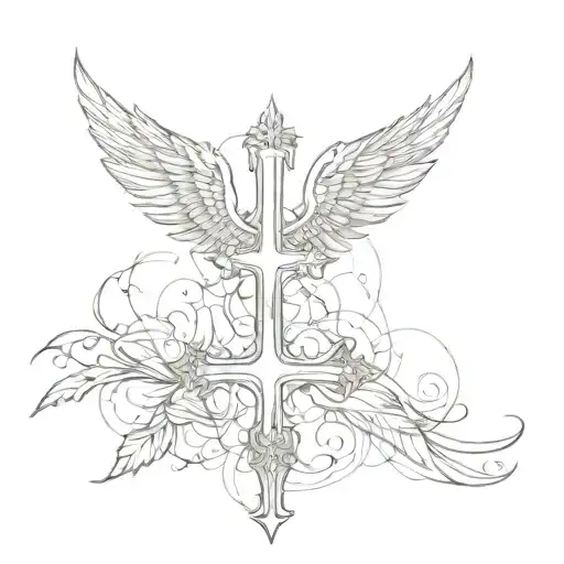 cross with wings and 22 in the middle surrounded tattoo design idea