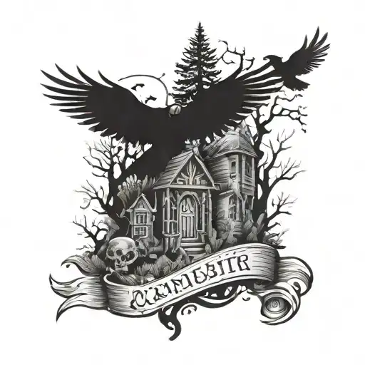 An arm sleeve tattoo with elements of Zombies, pine trees, ravens, and graveyard. tattoo design idea