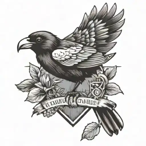 Black and white crest with a Baltimore raven, Baltimore oriole, Maryland terrapin, and hufflepuff badge tattoo design idea