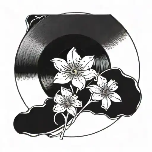 A forget me not flower blooming out of a vinyl record, symbolizing a love for music and memories tattoo design idea