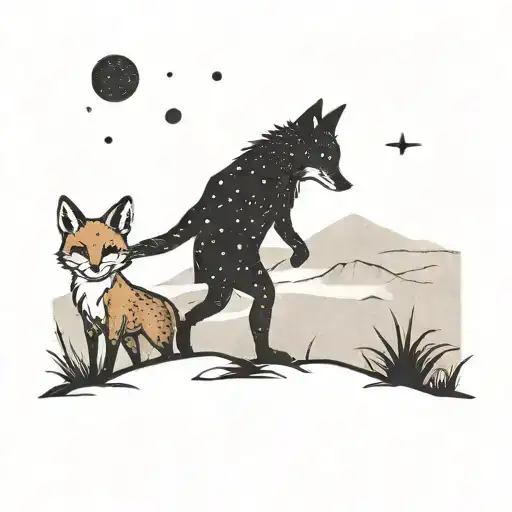 A minimalist tattoo of the little prince and the fox walking hand in hand through the desert tattoo design idea